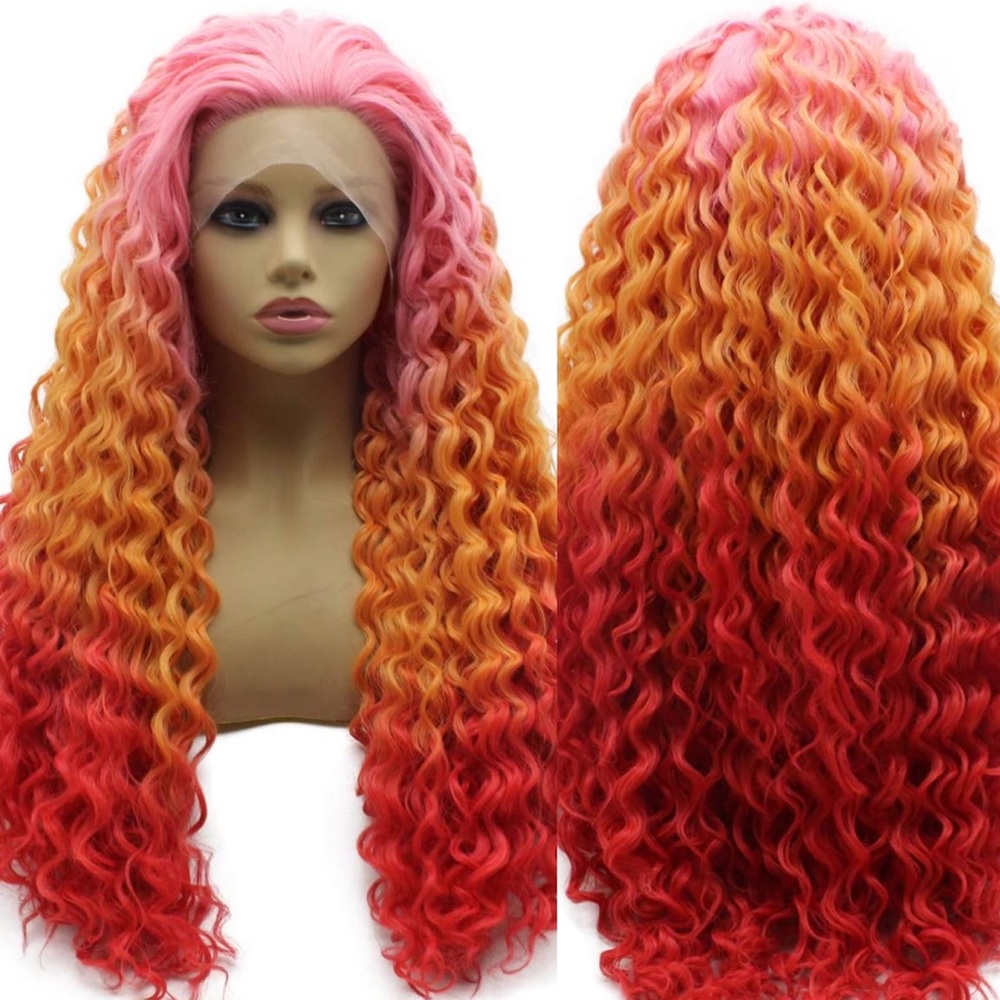 💫 24”  PINK RED ORANGE OMBRE KINKY CURLY
 LACE FRONT WIG💫 *NEW*
🆕🆕🆕